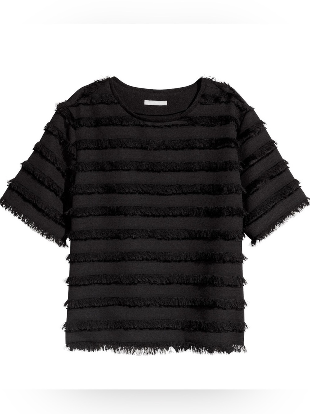 HM Black Eyelash Fringe Short Sleeve Textured Blouse